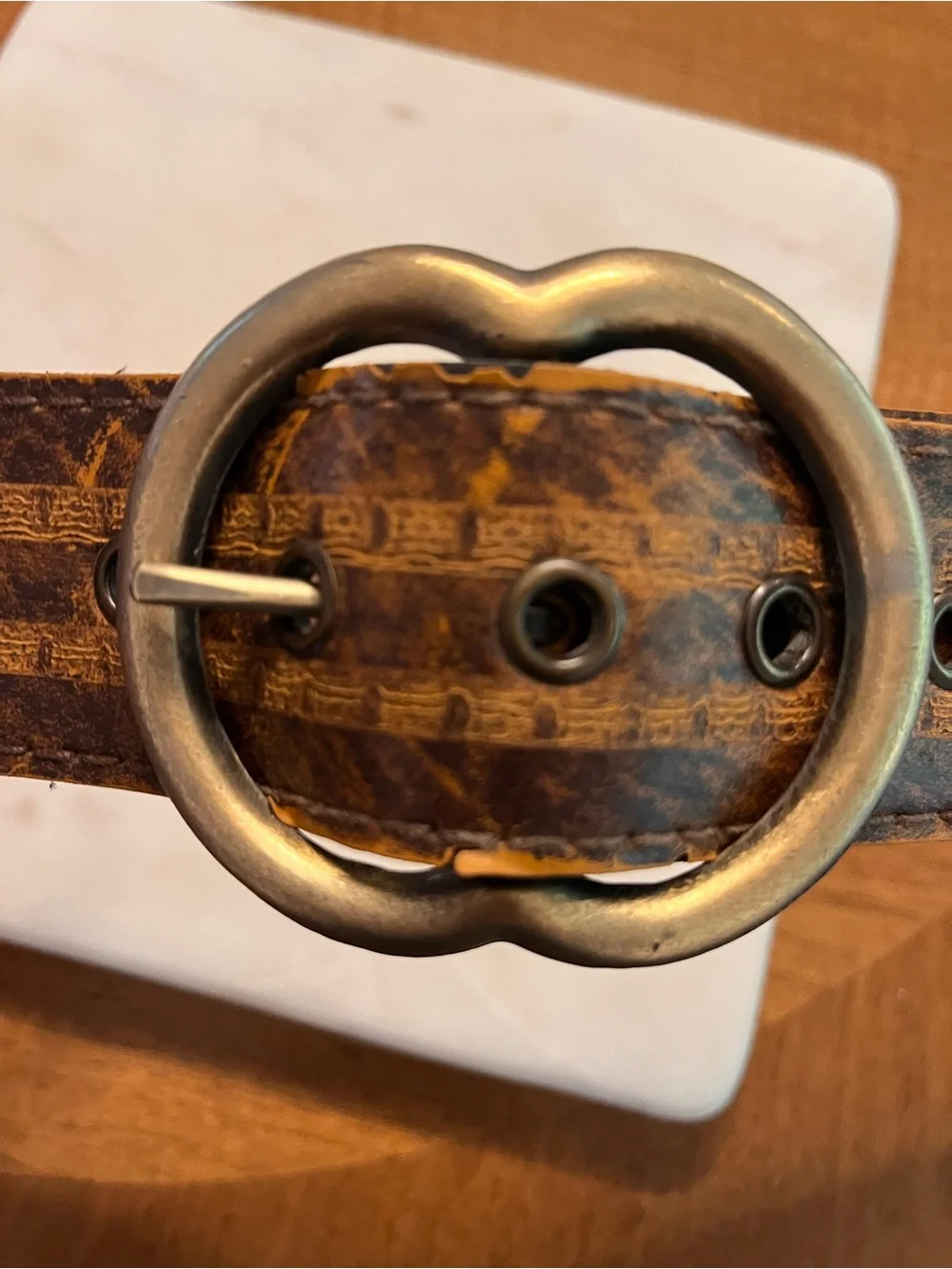 Vintage Brown Leather Belt with Unique Antiqued Brass Buckle size M